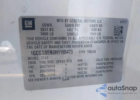 2017 Chevrolet Colorado Wt из США, поврежденный, VIN 1GCGSBEN8H1195473